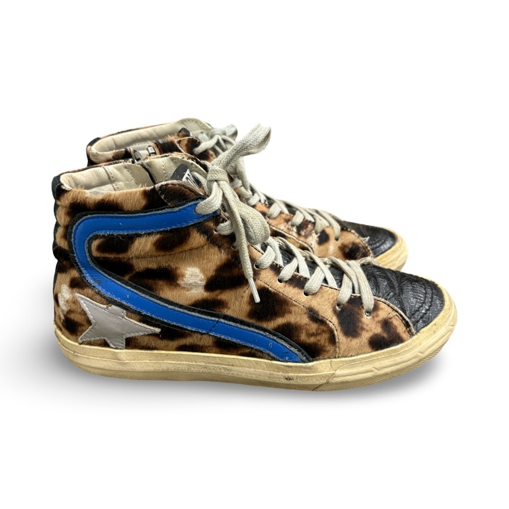 GOLDEN GOOSE Slide Star Leopard Print Sneakers in Ponyhair/Bluette Sz 36